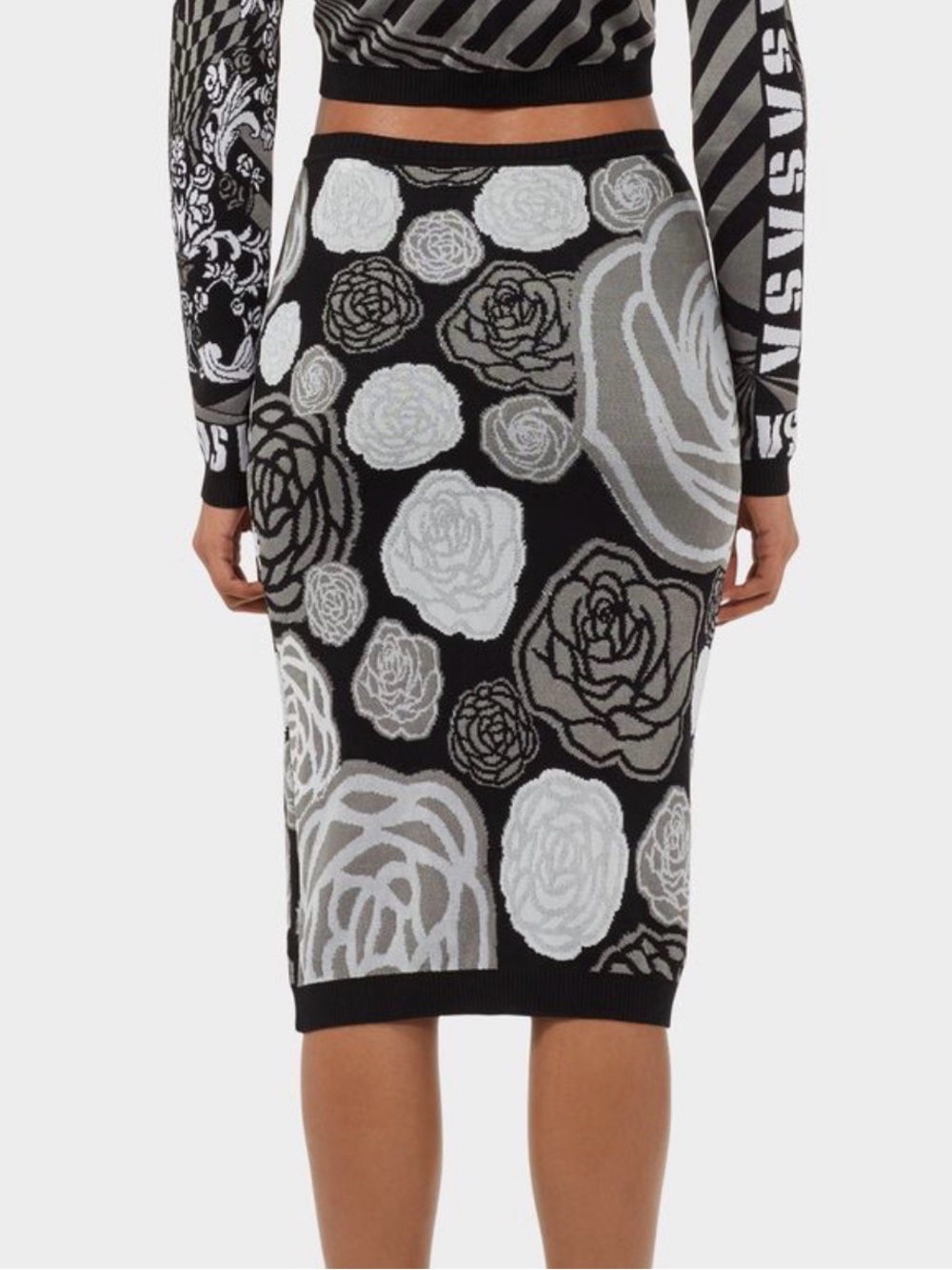 Versus Versace Black & White Baroque Floral Knit Skirt IT 38